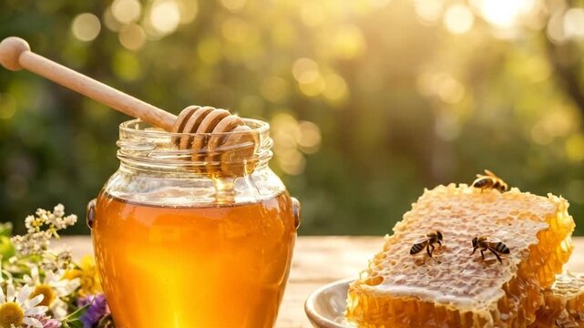 Natural Honey, Honeycomb, and Bee Pollen in Golden Summer Light