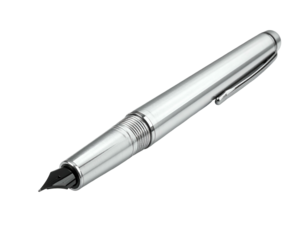 Polished metal writing instrument with black nib and clip