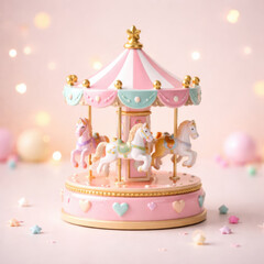 Delightful miniature merry go round ornament features candy colored palette soft studio lighting. whimsical composition evokes joy and childhood wonder, with elegant horses smooth surface