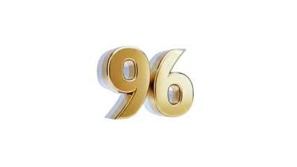 3D Golden number 96 with metallic sheen on transparent background