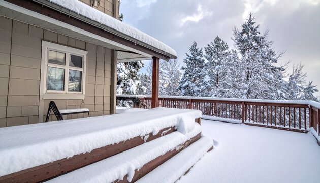 Snow-Covered Deck and House with Winter Landscape and Cloudy Sky.