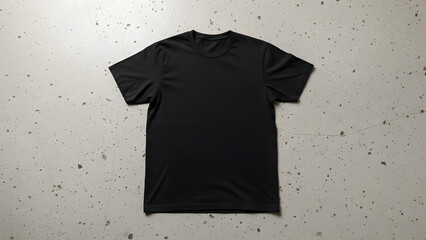 Overhead shot of a blank black short-sleeve t-shirt laid flat on a light grey concrete background, ideal for custom apparel design mockups or e-commerce product listings