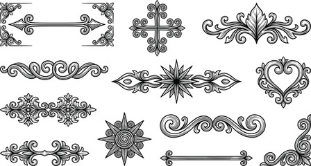 Black ornamental decorative elements set vintage baroque scroll arrows crosses stars hearts classic cad drawing flat vector illustration