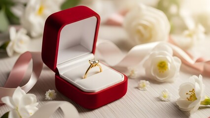 Gold engagement ring in red velvet box surrounded by white roses