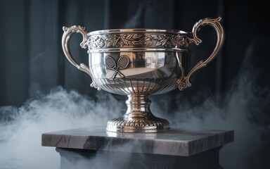 A shiny silver trophy cup with handles on a pedestal with smoke