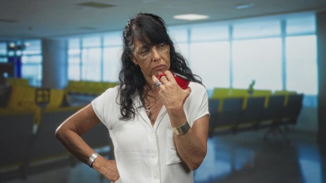 Woman holds red mug to chin with hand on hip wearing white shirt ring and bracelet in airport waiting area; pensive thought.