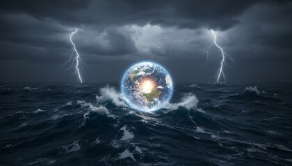 Planet Earth Amidst Stormy Seas and Lightning Strikes A Symbol of Global Crisis and Resilience