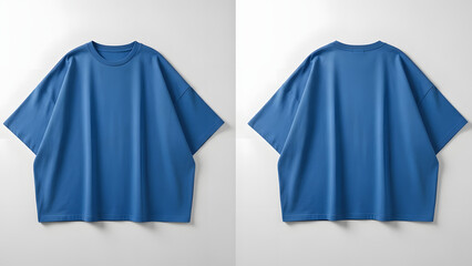Front and back view of a simple, oversized, short-sleeved blue t-shirt against a white background