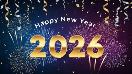 Vibrant New Year 2026 Celebration with Dazzling Fireworks, Golden Numerals, and Festive Confetti on a Sparkling Night Sky Background