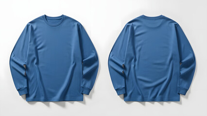 Minimalist blue long-sleeve t-shirt displayed from front and back on a clean white background, showcasing apparel design