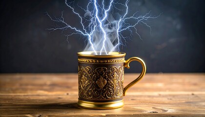 A golden, ornate mug sits on a wooden surface, seemingly containing an ethereal substance that emanates lightning bolts