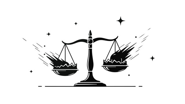 Symbol of justice scales unbalanced with fragments flying off