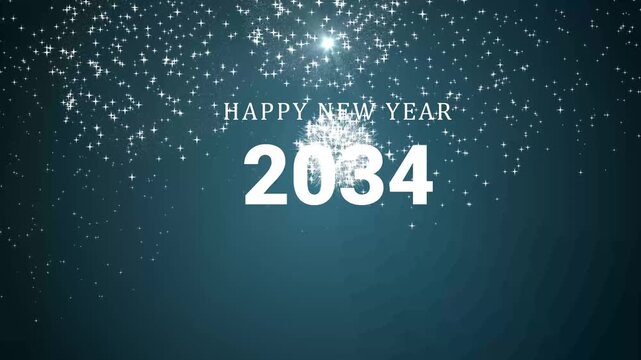 Glowing White christmas tree background on Happy new year 2034 animation. 4k