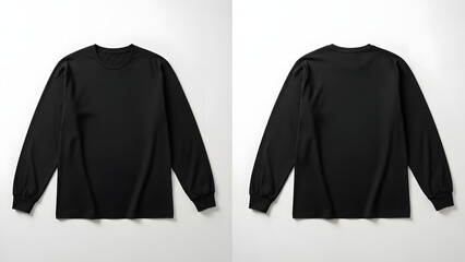 Black long-sleeve t-shirt mockup, front and back views, isolated on white. Perfect for apparel design templates, branding, and casual fashion product display