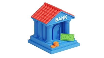 3D Bank Building with Money and Coins 3D Illustration on transparent background