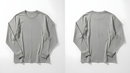 Flat lay of a plain grey long-sleeved t-shirt shown from front and back, displayed on a white background