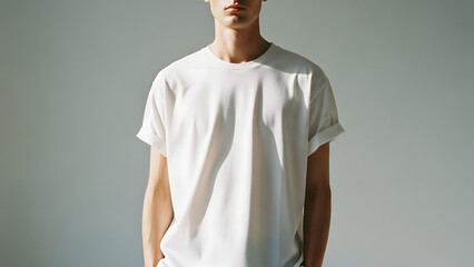 Minimalist portrait of a person wearing a plain white t-shirt with cuffed sleeves, studio lighting