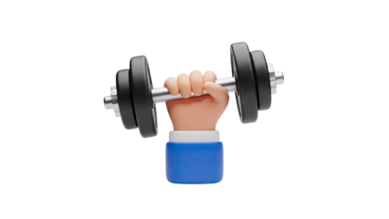 3D Cartoon hand holding a dumbbell on transparent background