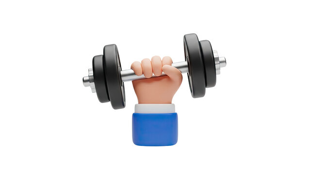 3D Cartoon hand holding a dumbbell on transparent background