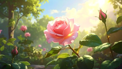 Romantic Blossoming: A Close-Up of Pink Roses in a Sunlit Garden Setting