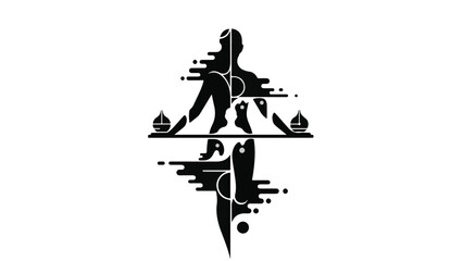 Naklejka premium Abstract silhouette of a balanced human form with flowing liquid elements and reflections.