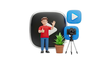 3D Character with Video Icons, Camera, and Plant on transparent background