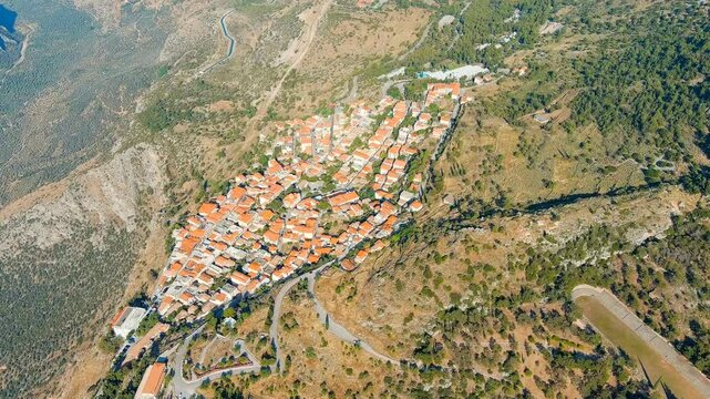 Delphi, Greece. Modern tourist city Sunny weather in the morning, Summer. Drone footage