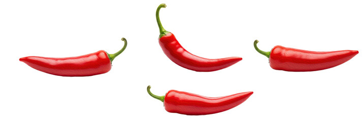 Set of Fresh Red Chili Peppers with Green Stems, Oil Paint Style, Isolated on Transparent Background, PNG