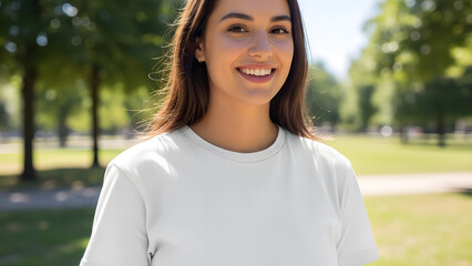 Young woman smiling in a white t-shirt in a park on a sunny day