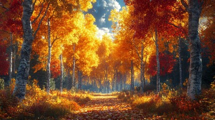 Path through a vibrant autumn forest with colorful trees and fallen leaves under a bright sky