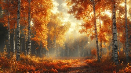 Obraz premium Enchanting Autumn Forest Path Bathed in Golden Sunlight, Vibrant Orange Birch Trees and Lush Foliage