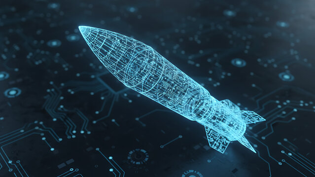 Blue glowing wireframe missile model represents advanced digital tech design. Futuristic weapon structure shows complex engineering data. Cyber military concept, Futuristic AI & Cyber Defense Technolo