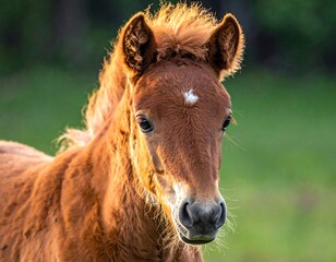 Obraz premium Close-up of a brown foal with a white spot on its forehead