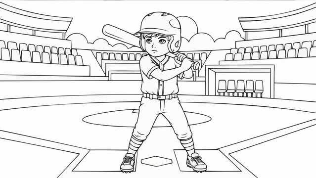 Coloring book for children - A boy with a baseball bat at the stadium