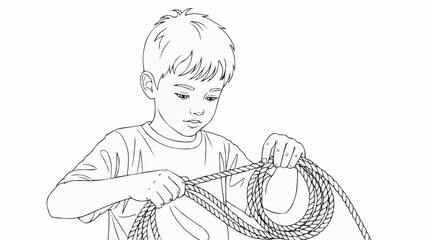 Coloring book for children - Young boy tying a rope while focused on his task at home  