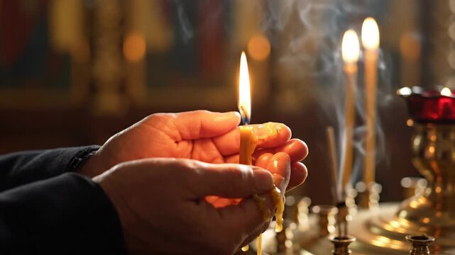 Hands holding a lit candle in an Eastern Orthodox Christmas church service at night with warm candlelight.