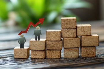 Two stylized figures climbing wooden blocks representing growth and progress with an upward trending arrow, symbolizing business success and career advancement.