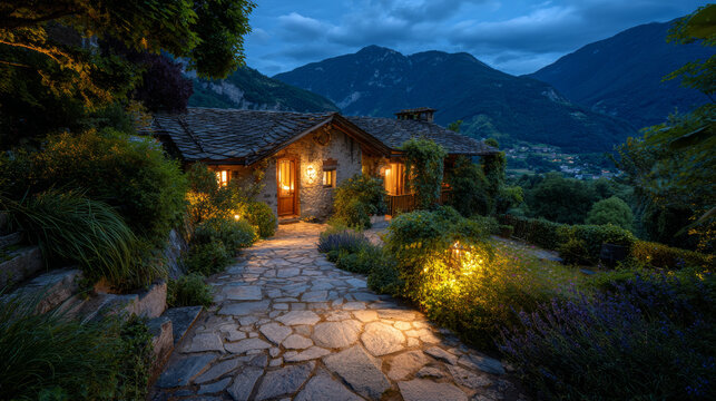 Charming rustic stone house with warm interior lighting nestled in lush greenery and scenic mountain landscape during evening