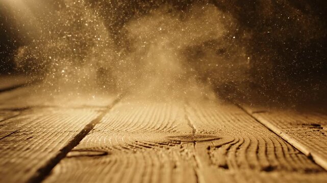 Extreme slow motion close-up of golden sunlight dust particles dancing gracefully above a textured, rustic reclaimed empty wooden tabletop organic material, atmospheric, slow motion close-up