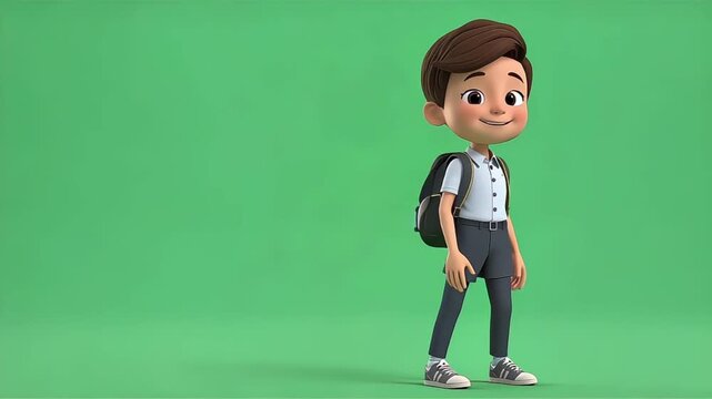 High Quality 3D Cartoon School Child Wearing Full Uniform Isolated on Clean Green Screen Background