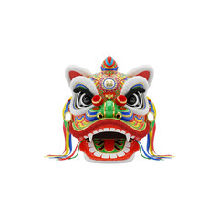 A colorful dragon mask and traditional Chinese New Year decorations celebrate ancient Asian culture and the vibrant spirit of a festival dance