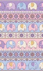 Cute Colorful Elephants and Floral Patterns on a Soft Purple Background for Children's Decor