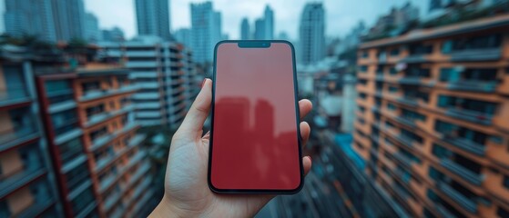 Hand holding a smartphone with a red screen against a blurred cityscape background, technology concept