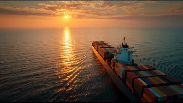 Cargo ship sailing on ocean at sunset