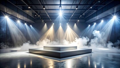 A modern, empty stage bathed in bright spotlights and atmospheric smoke, with a sleek, reflective floor and a cubic platform
