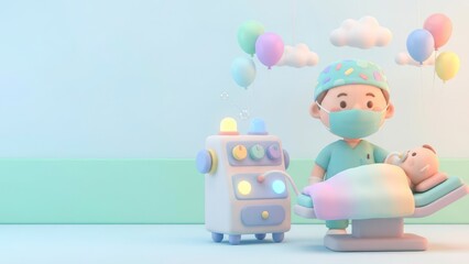 Cute cartoon doctor character with patient on examination table and colorful balloons in background