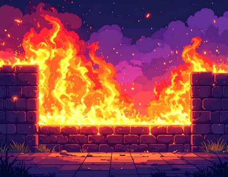 Cartoon-style inferno, flames engulfing a brick wall under a night sky