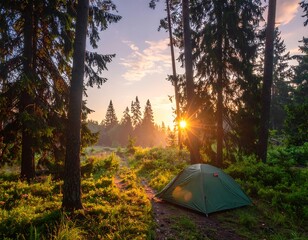 Camping tent nestled amidst tall trees, bathed in morning sunlight