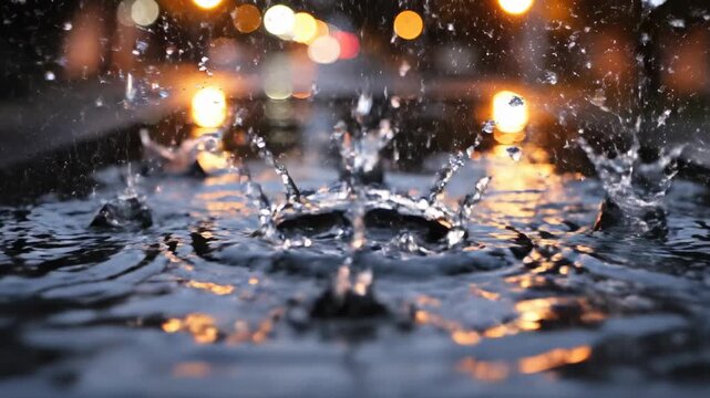Extreme slow motion close-up of heavy rain droplets splashing onto a polished black granite surface with bright streetlights reflecting off the wet pavement extreme, polished, detail