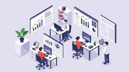 Isometric illustration of a modern office environment with professionals collaborating and analyzing data on various digital screens and devices